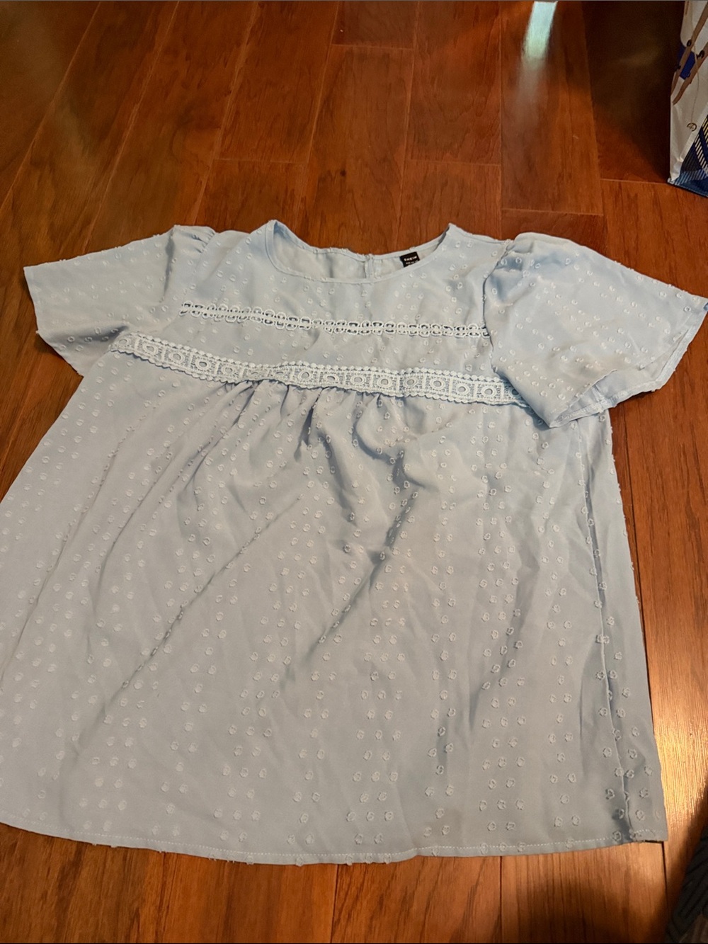 SHEIN Light Blue Eyelet Lace Trim Short Sleeve Blouse